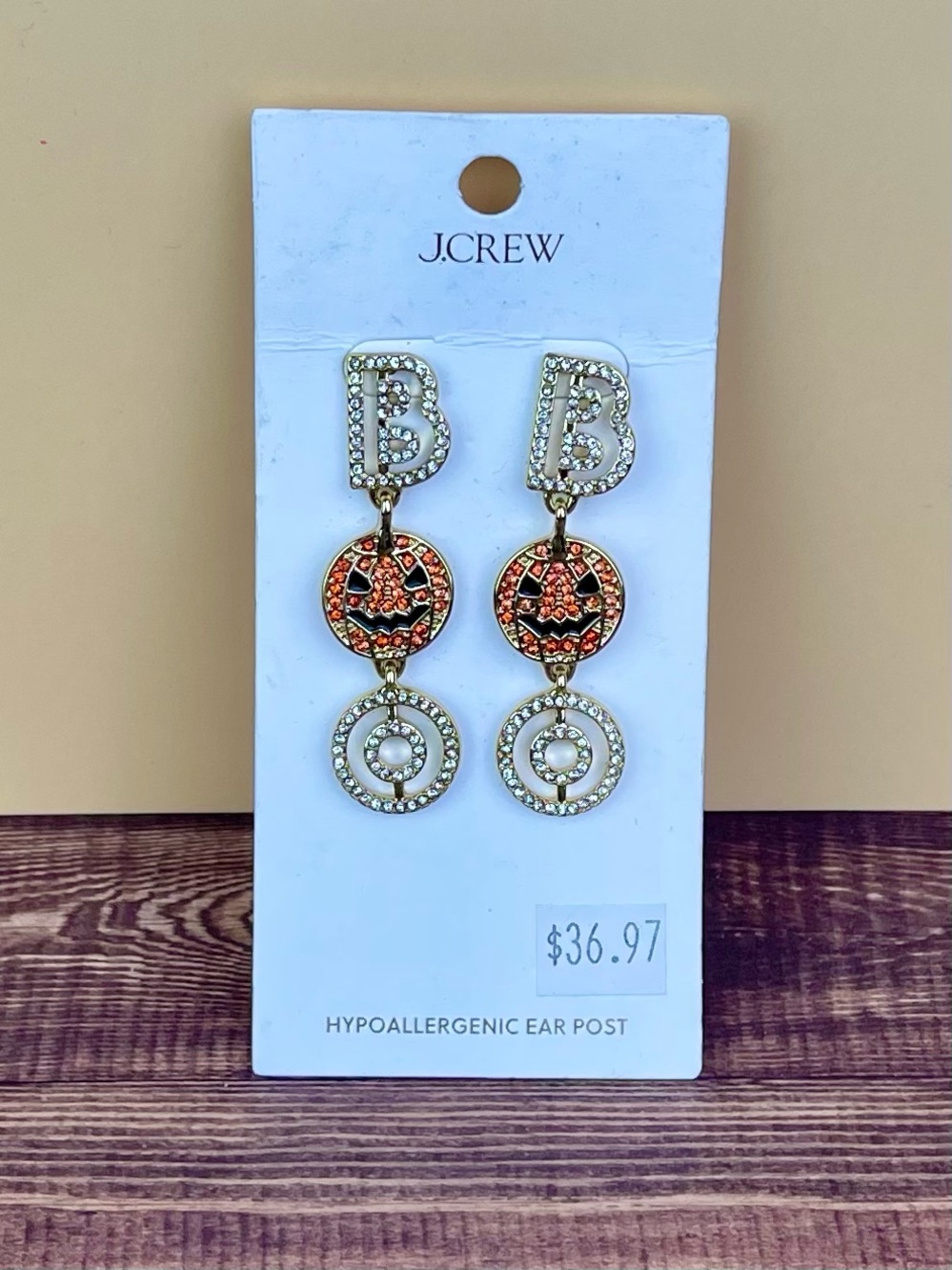 J Crew "BOO" Halloween Crystal Jack-O'-Lantern Drop Earrings